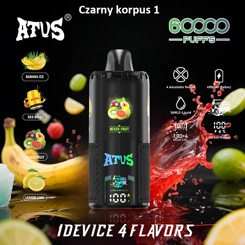 ATVS Disposable 60 000 zaciągnięć: 4-w-1 smakowy, ładowalny, jednorazowy e-papieros z wyświetlaczem LED
