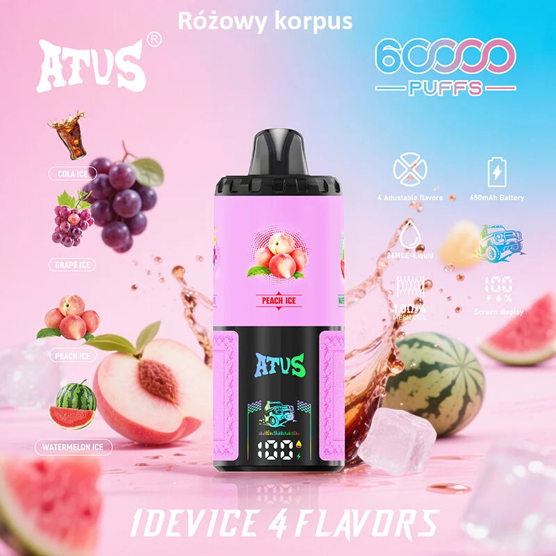 ATVS Disposable 60 000 zaciągnięć: 4-w-1 smakowy, ładowalny, jednorazowy e-papieros z wyświetlaczem LED