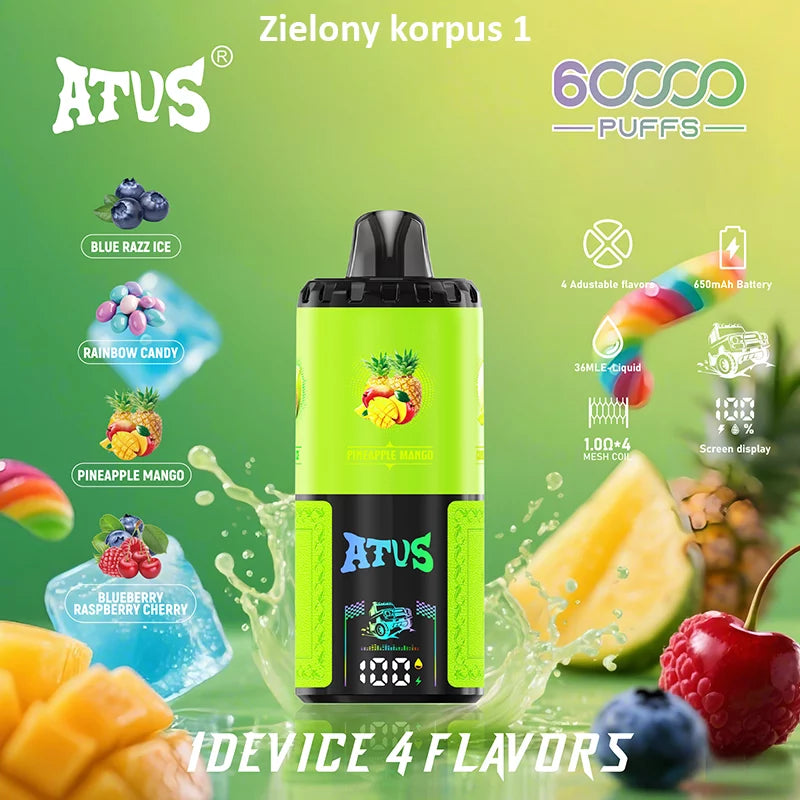 ATVS Disposable 60 000 zaciągnięć: 4-w-1 smakowy, ładowalny, jednorazowy e-papieros z wyświetlaczem LED