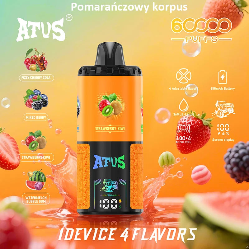 ATVS Disposable 60 000 zaciągnięć: 4-w-1 smakowy, ładowalny, jednorazowy e-papieros z wyświetlaczem LED