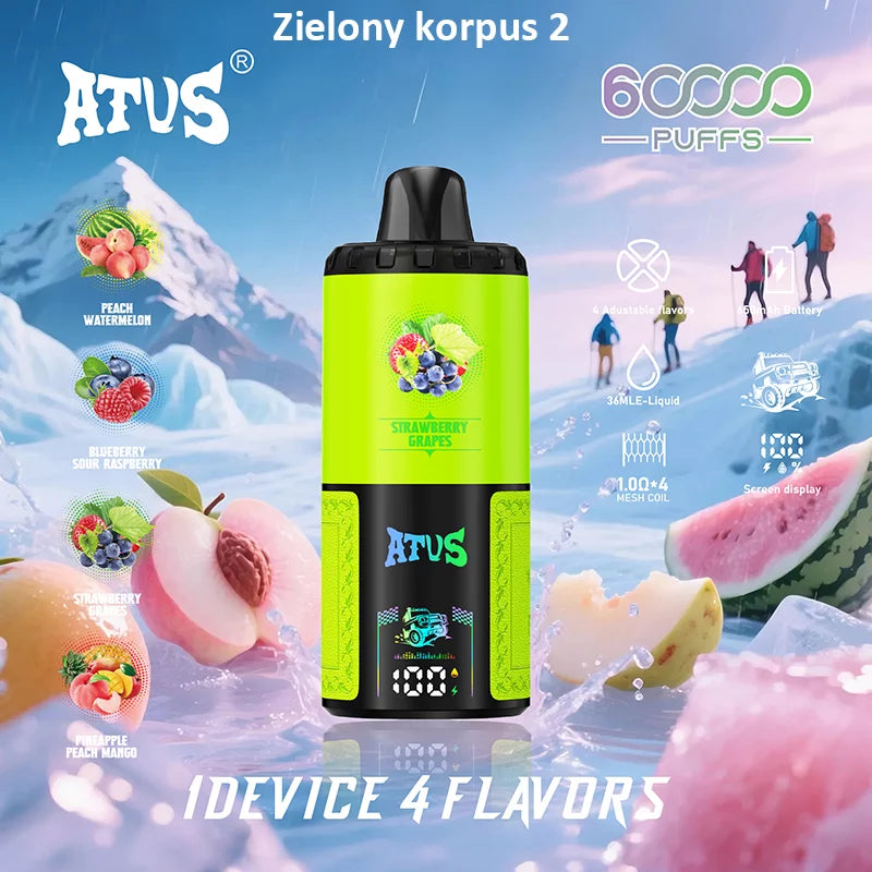 ATVS Disposable 60 000 zaciągnięć: 4-w-1 smakowy, ładowalny, jednorazowy e-papieros z wyświetlaczem LED