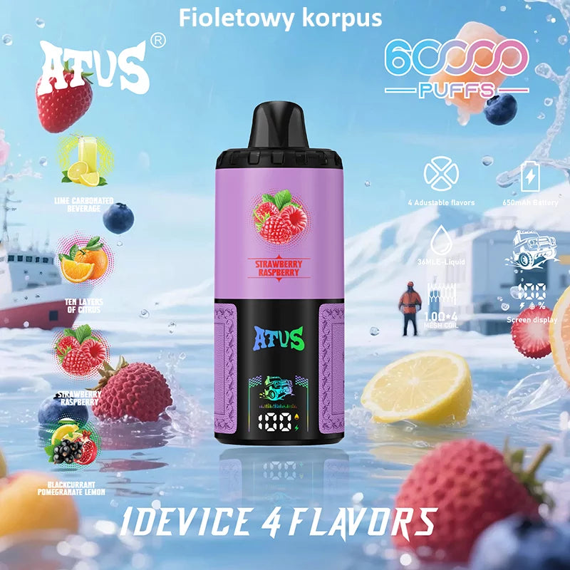 ATVS Disposable 60 000 zaciągnięć: 4-w-1 smakowy, ładowalny, jednorazowy e-papieros z wyświetlaczem LED