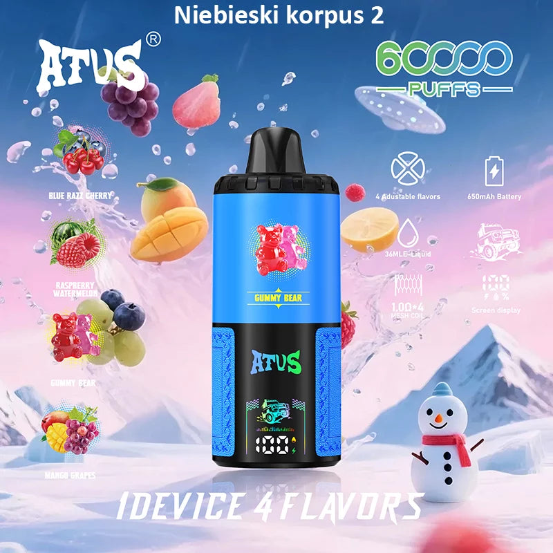 ATVS Disposable 60 000 zaciągnięć: 4-w-1 smakowy, ładowalny, jednorazowy e-papieros z wyświetlaczem LED